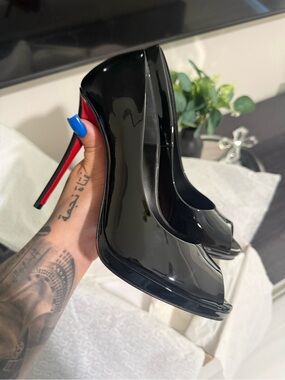 Christian Louboutin Black Patent Peep-Toe Pumps with Red Sole